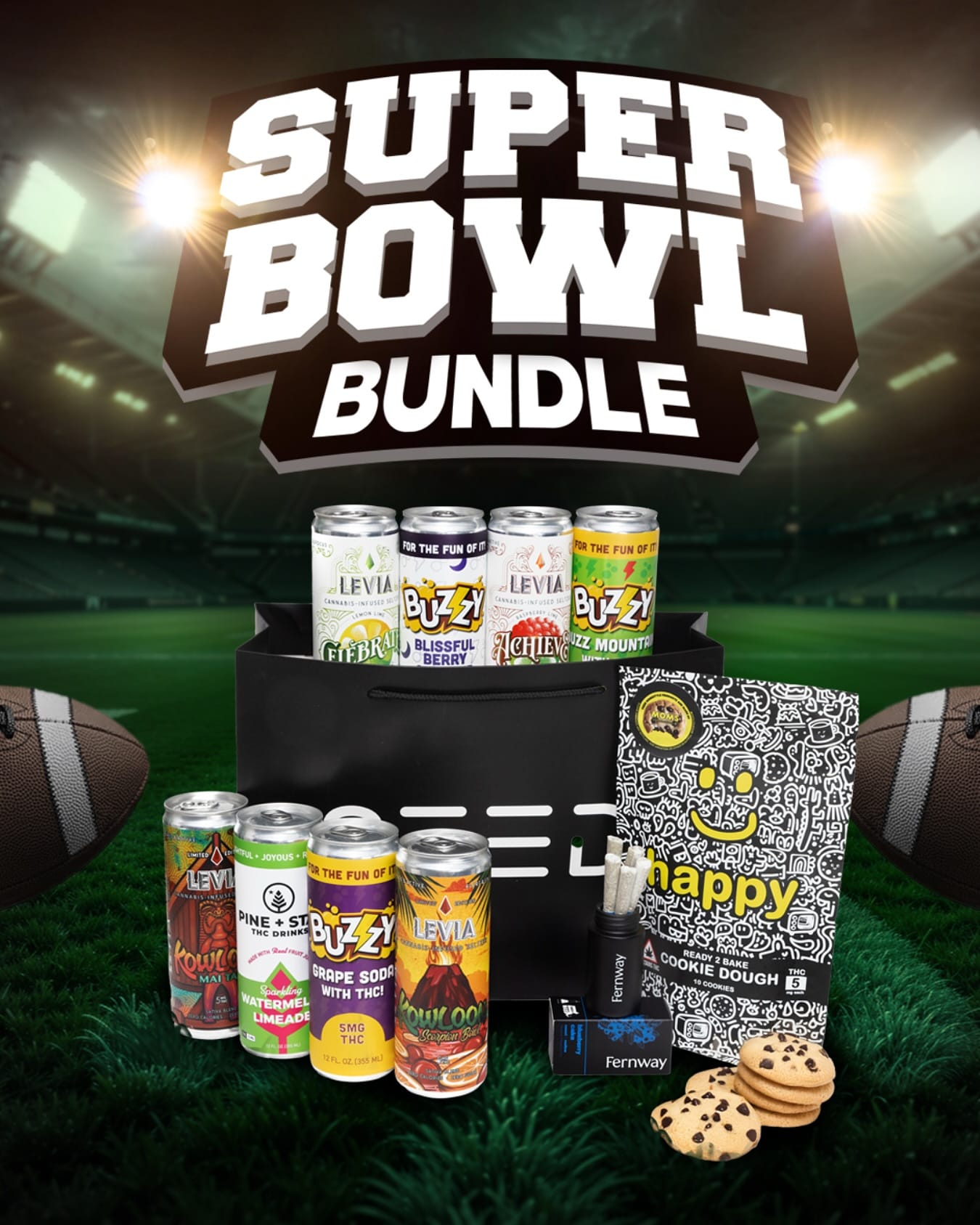 Game Day Ready? 
Who’s your pick to win the big game? 

Our SuperBowl Bundle has everything you need to keep the vibes high and the snacks flowing:

 8 refreshing drinks from @leviabrands, @buzzydrinks, and @drinkpineandstar 
 Happy Bakes Cookies 
 A 5pk from @fernway.ma for the ultimate chill